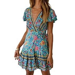 Short Sleeve Mini Floral Dress With Wrap Around Be